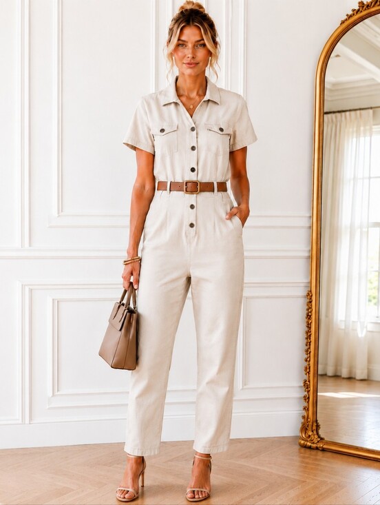 Celebrity Pink Pants - Celebrity Pink | Cream Utility Jumpsuit | Size Large | Neutral Cotton Blend